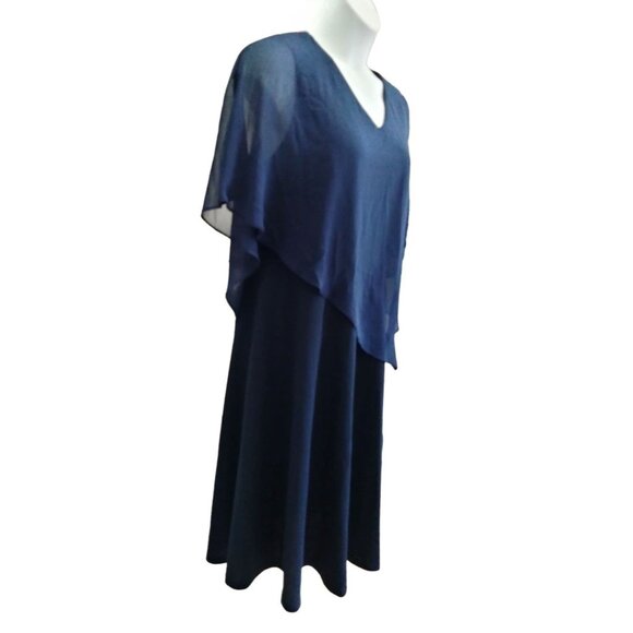 Elegant Navy Blue Chiffon Cape Overlay Dress Asymmetrical Sheath Design Size 2XL - Picture 5 of 9